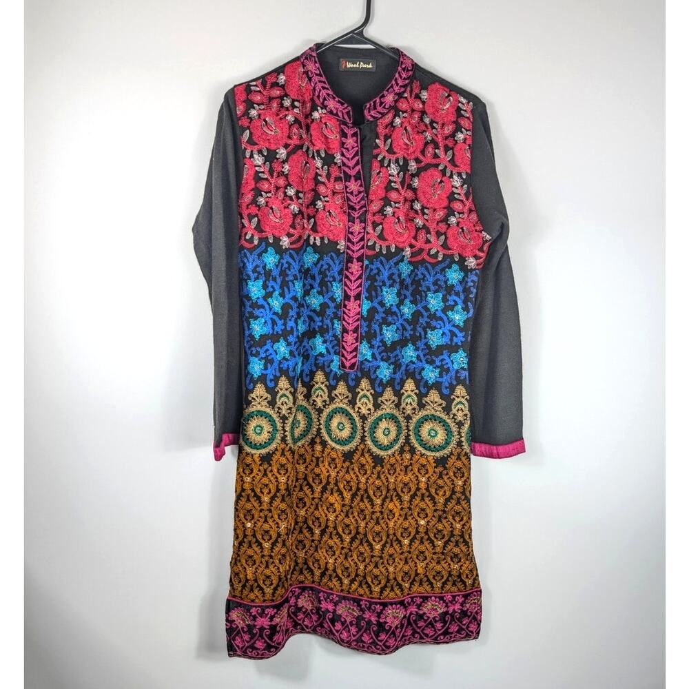 Wool Park Vintage Medium Embroidered Tunic Dress Women's Black Multicolor Boho